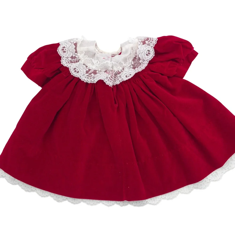 MiniWorld Baby Girl Red Velvet Lace Christmas Dress Vintage 80s Size 3 Months